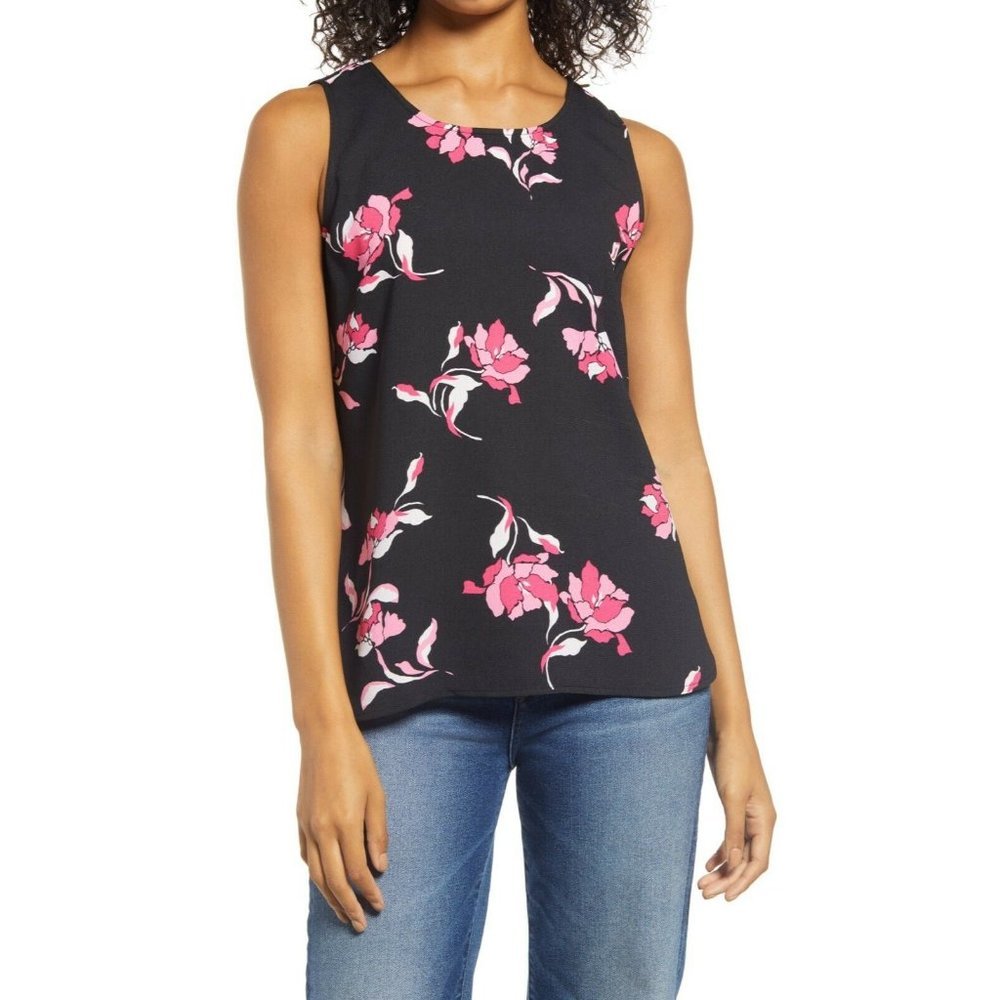 Halogen Floral Scoop Neck Woven Shell Sleeveless Tank Womens XS Top Pullover